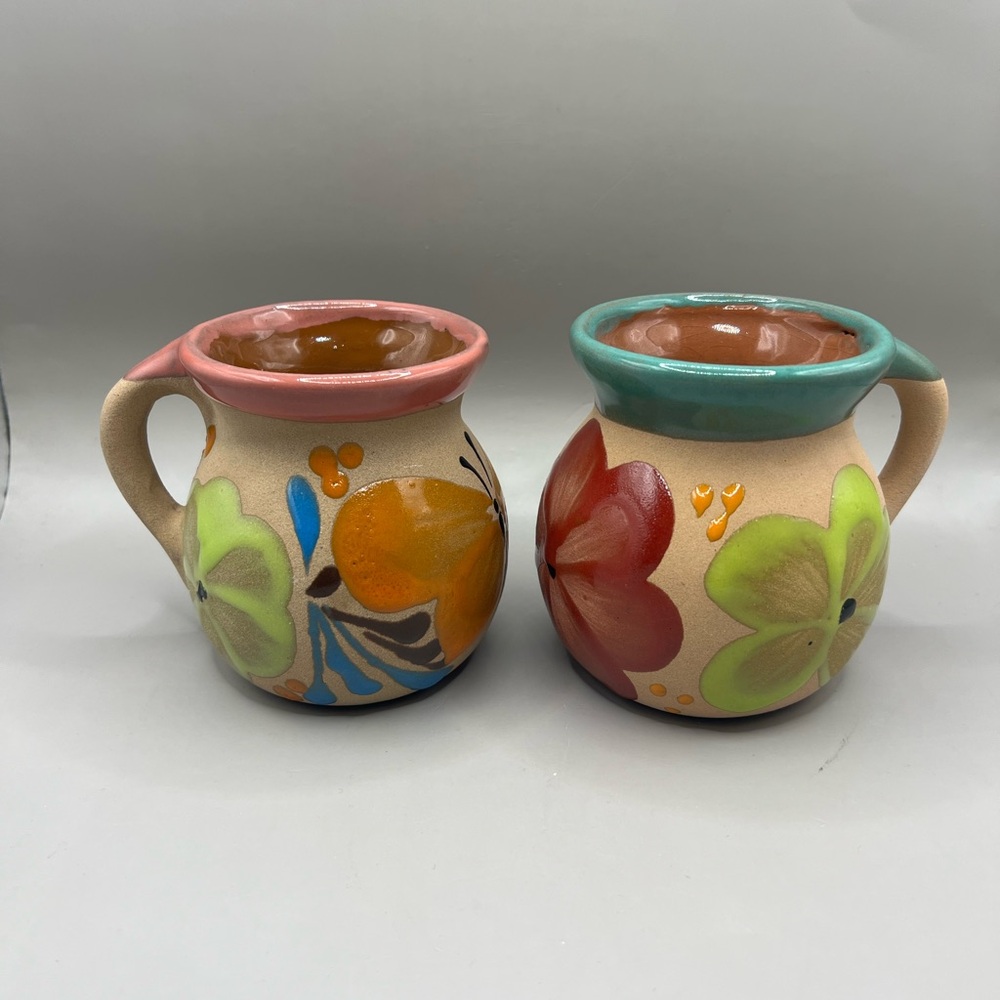 Redware Terracotta Mugs Hand Painted Butterfly And Flowers
